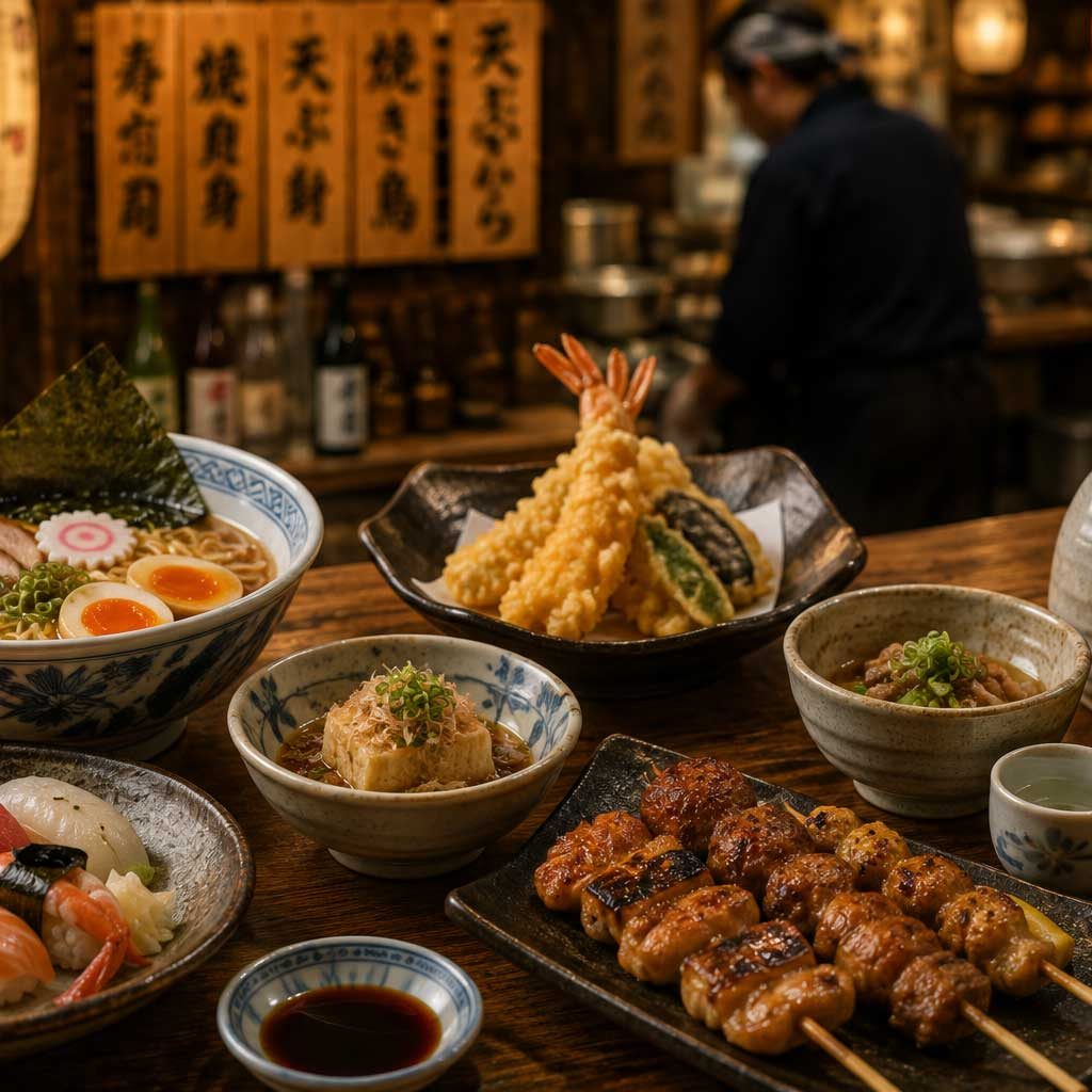 Local Japanese market counter with regional dishes and food preparation