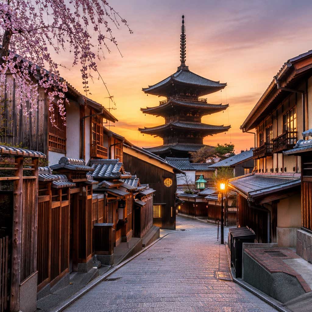 Traditional streets and Yasaka Pagoda in Kyoto, Japan