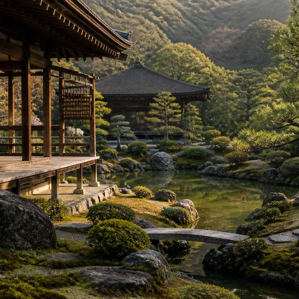 Japanese alpine lake, forest, and mountain landscape for a nature-focused journey