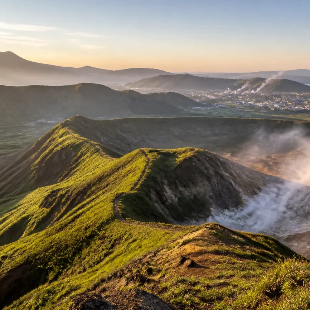 Volcanic landscape and hot spring region in Kyushu, Japan