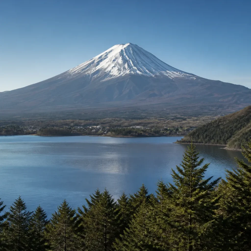 Mount Fuji beyond a calm lake in the Fuji and Hakone region