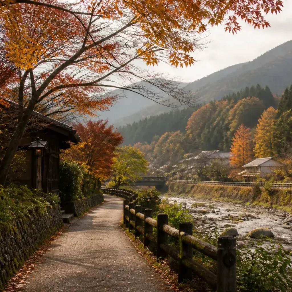 Autumn landscape along a traditional riverside path in rural Japan